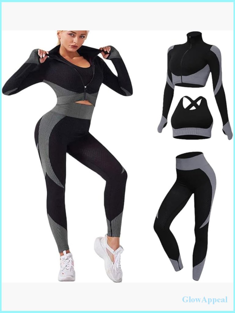 3pc Seamless Workout Set: Sports Bra, Crop Top, Leggings Gym Yoga Activewear